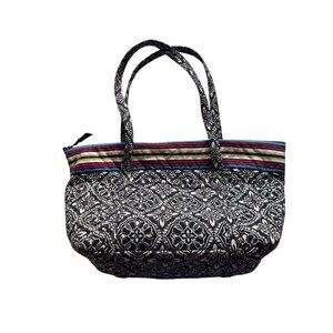 Vera Bradley Large Tote Bag With Striped Zipper & Black Floral Pattern
